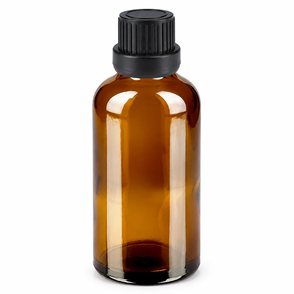 50 ml dråbeflaske 2 mm sort OV BrownLine UT18/50 50 ml dråbeflaske i ravfarvet glas med sort hætte til æteriske olier og kosmetik
