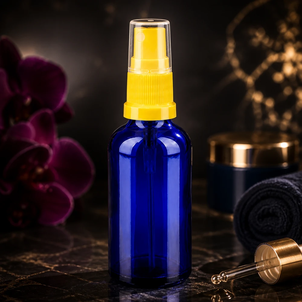 50 ml sprayflaske gul/tr. STD BlueLine UT18/50 Lille 50 ml sprayflaske af UV-beskyttende blåt glas med standard UT18-gevind til serum