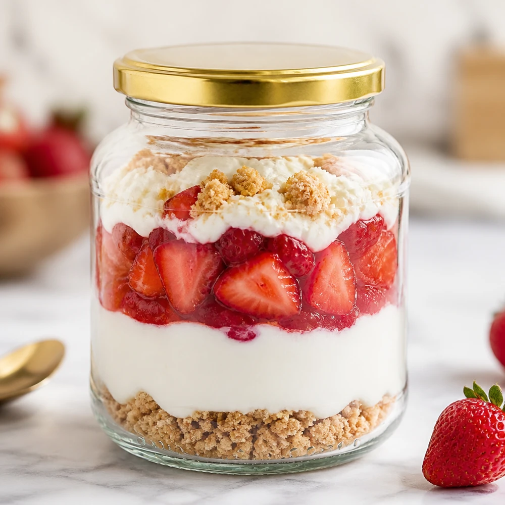 370 ml oval krukke med BasicSeal-låg guld UNiTWIST 370 ml oval krukke med gyldent BasicSeal-låg UNiTWIST fyldt med jordbærdessert lagdelt dessert i en opbevaringskrukke