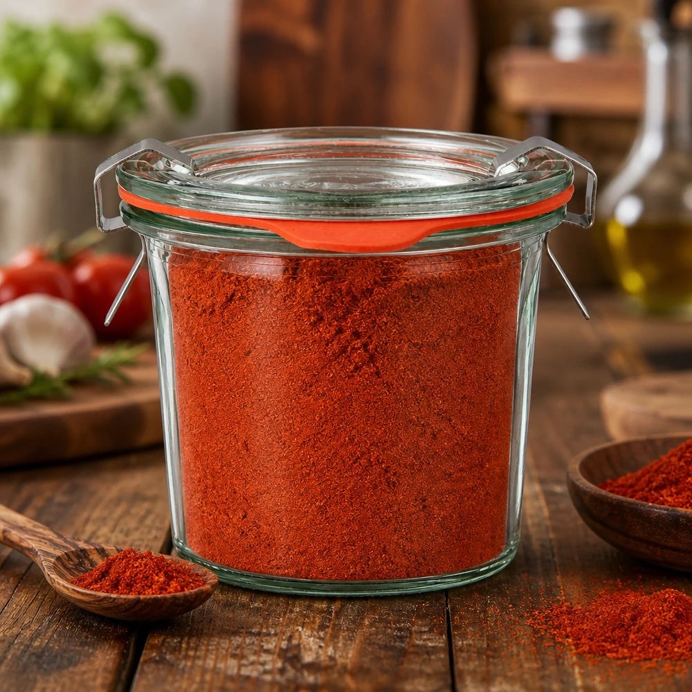 Idé til krydderikrukke: Briller mini mason jar 140 ml WECK-glas 140 ml med rødt paprikapulver og metalbøjlelåg på et træbord