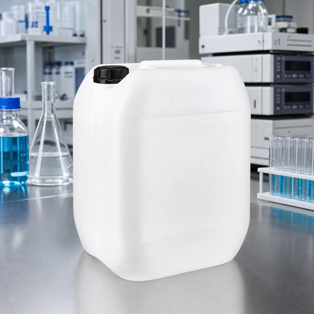 Beholder 10 liter med skruelåg OV Rektangulær 10-liters dunk af hvidt polyethylen med sort låg med rustfri ståloverflade