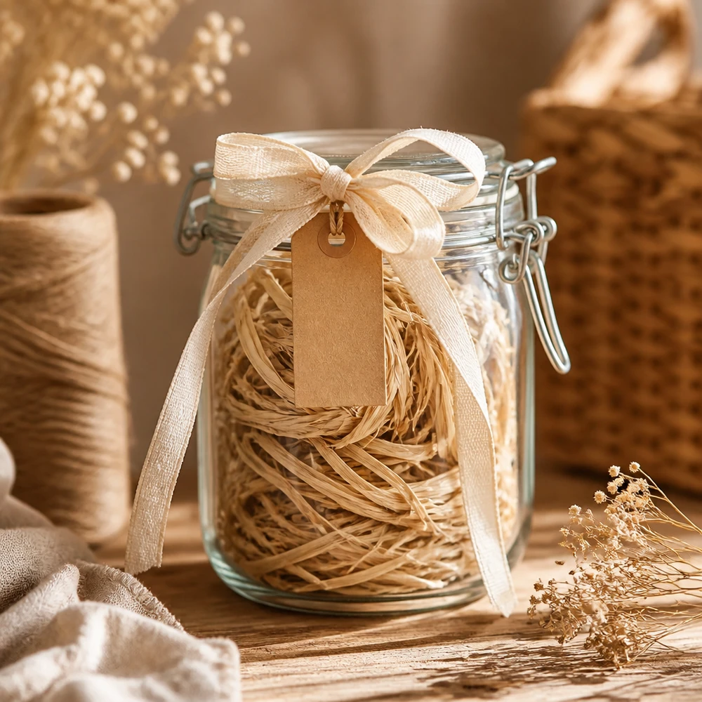 Naturbast til dekoration, 30 g Naturraffia 30 g i en konservesdåse med bånd og etiket som en gaveidé til kreative håndværksprojekter og dekoration