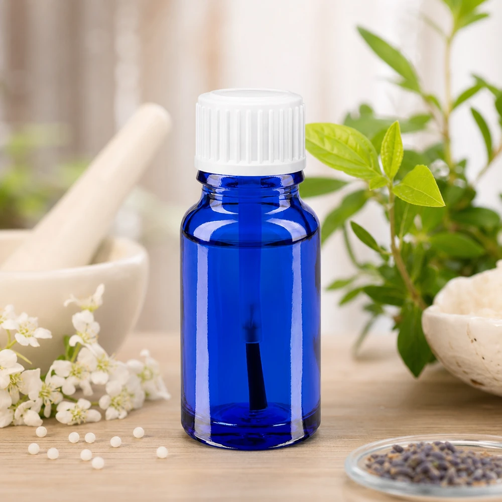 Apoteksflaske blå 10 ml skruelåg hvid børste Blå 10 ml glasflaske med hvidt låg ved siden af friske urter og blomster i naturlige omgivelser