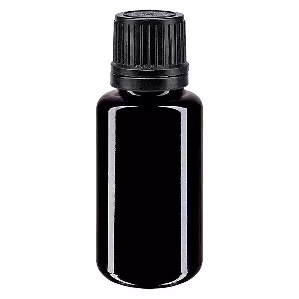Apoteksflaske viol. 20ml skrue v. sort skænkeprop r. OV Apoteksflaske viol. 20ml skrue v. sort skænkeprop r. OV