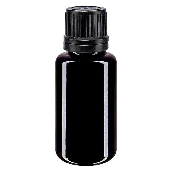 Apoteksflaske viol. 20ml skrue v. sort skænkeprop r. OV Apoteksflaske viol. 20ml skrue v. sort skænkeprop r. OV