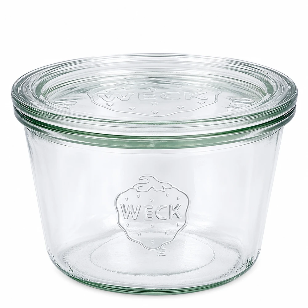 370 ml krukke med glaslåg WECK RR100 WECK 370 ml murerbalje med glaslåg RR100 gennemsigtig konservesbalje med relief-logo til konservering