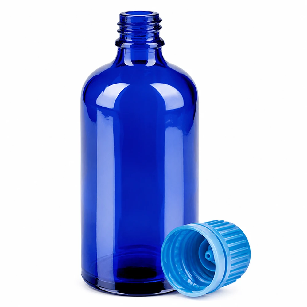 Blå 100 ml glasflaske med UT18-gevind og blåt skruelåg til sikker opbevaring