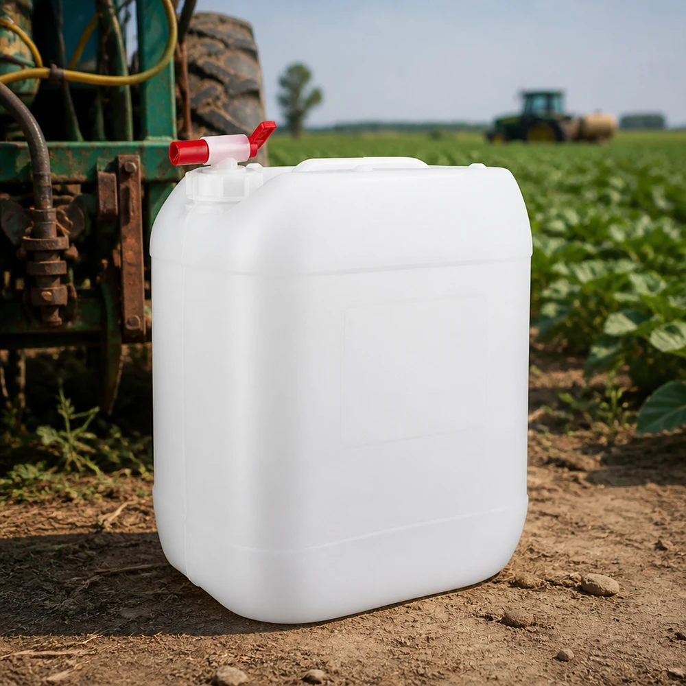 Beholder 20 liter med aftapningshane Hvid plastdunk på 20 liter med rød hane på en mark ved siden af en traktor