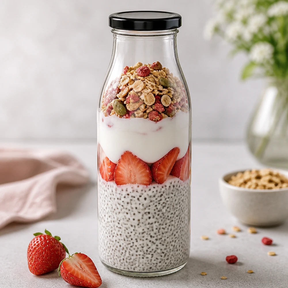 500 ml glasflaske + BasicSeal-låg sort UNiTWIST. Absolut lækagesikker med stort TO48-låg. Til mælk, juice og limonade. 500 ml glasflaske med sort låg til chia-budding med jordbær og müsli overnight oats-morgenmad