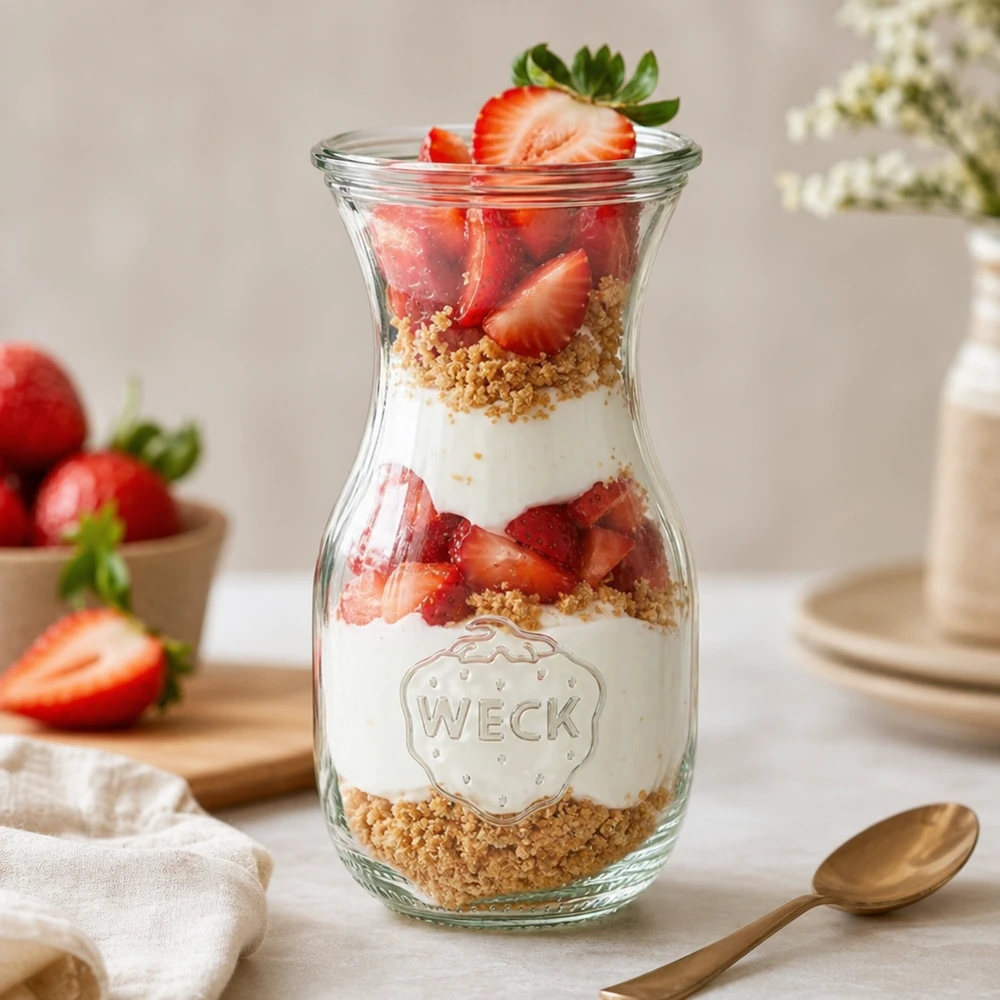 290 ml saftflaske med glaslåg WECK RR60 WECK juiceflaske 290 ml RR60 som dessertglas med jordbær, yoghurt og kiksekrummer i lag på et hvidt bord