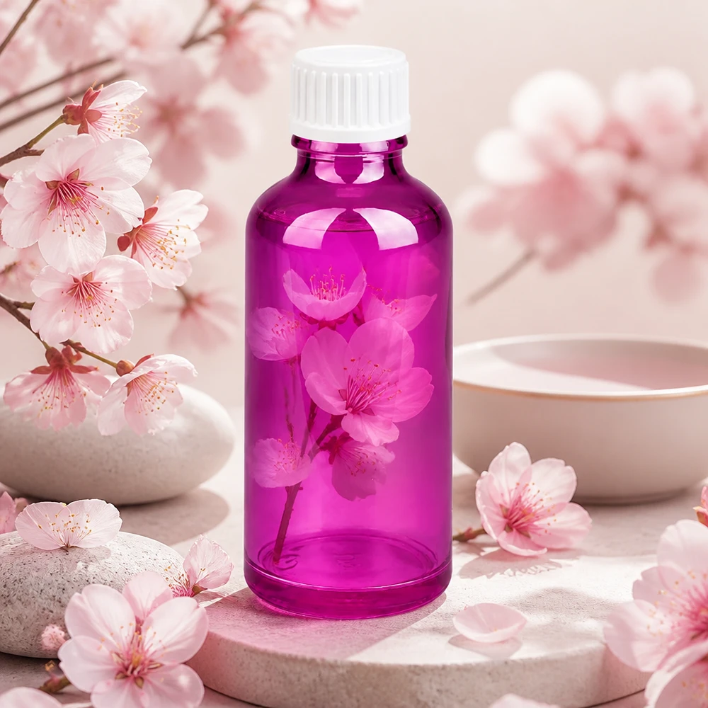 50 ml (globule) flaske 3 mm hældering hvid Standard PurpleLine. UT18/50 50 ml glasflaske i høj kvalitet i lilla med UV-beskyttelse til lysfølsomme aktive ingredienser