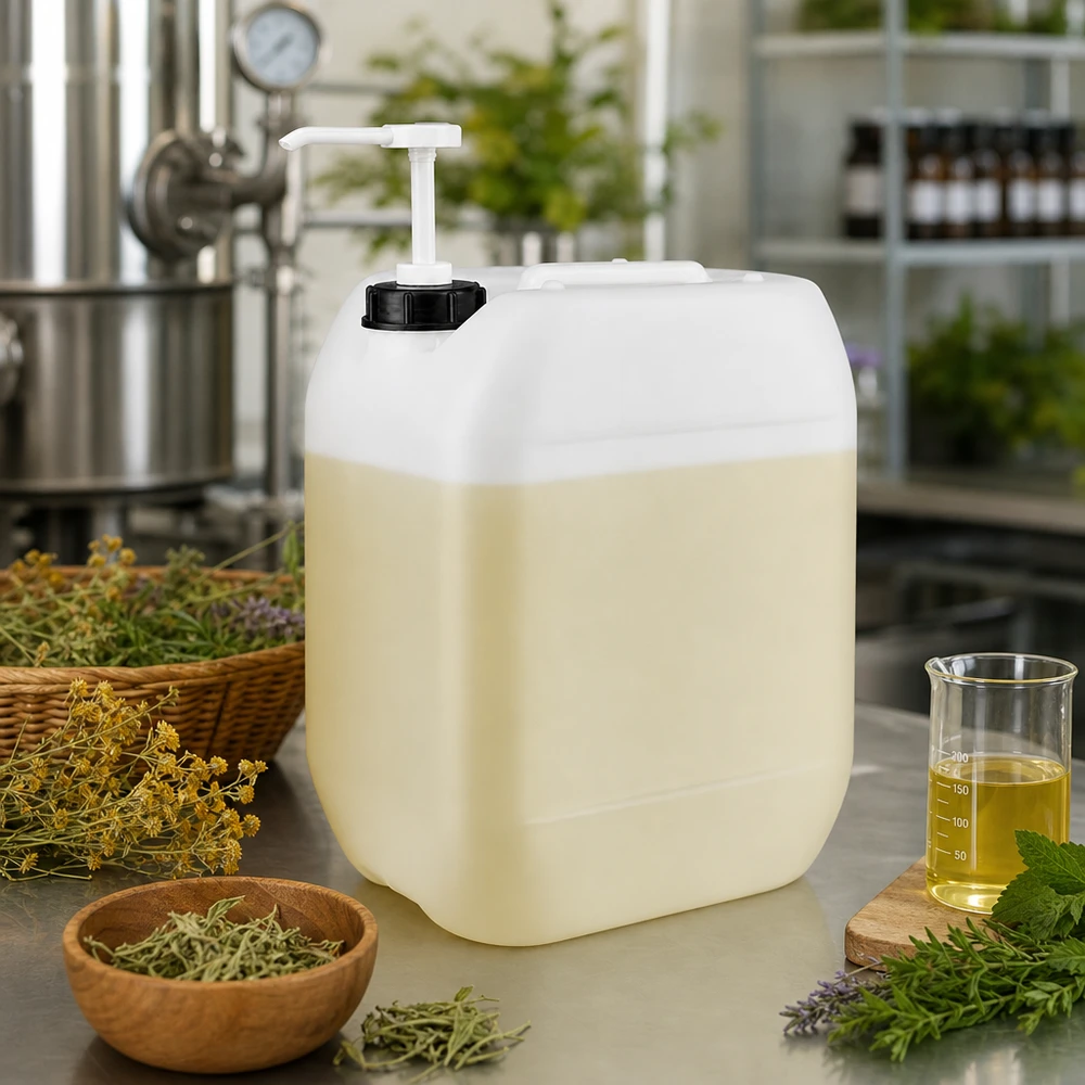 Beholder 10 liter med doseringspumpe Cremefarvet 10-liters dunk med doseringspumpe til naturkosmetik og planteekstrakter