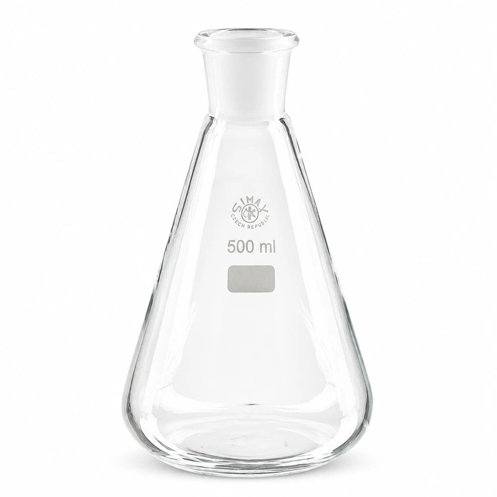 Erlenmeyer-kolbe 500 ml med standard slebet led (29/32) Erlenmeyer-kolbe 500 ml borosilikatglas med standard slebet samling 29/32 til laboratoriebrug