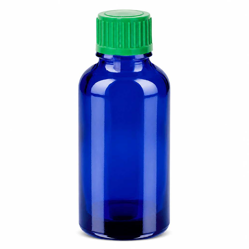 30 ml Dropperflaske 0,8 mm grøn STD BlueLine UT18/30 Blå 30 ml dråbeflaske af glas med grøn hætte til præcis dosering