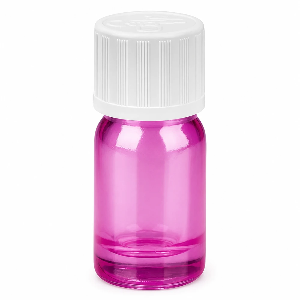 5 ml dråbeflaske 1,2 mm hvid standard børnesikret PurpleLine. UT18/5 5 ml dråbeflaske i lilla transparent med hvid hætte til præcis dosering