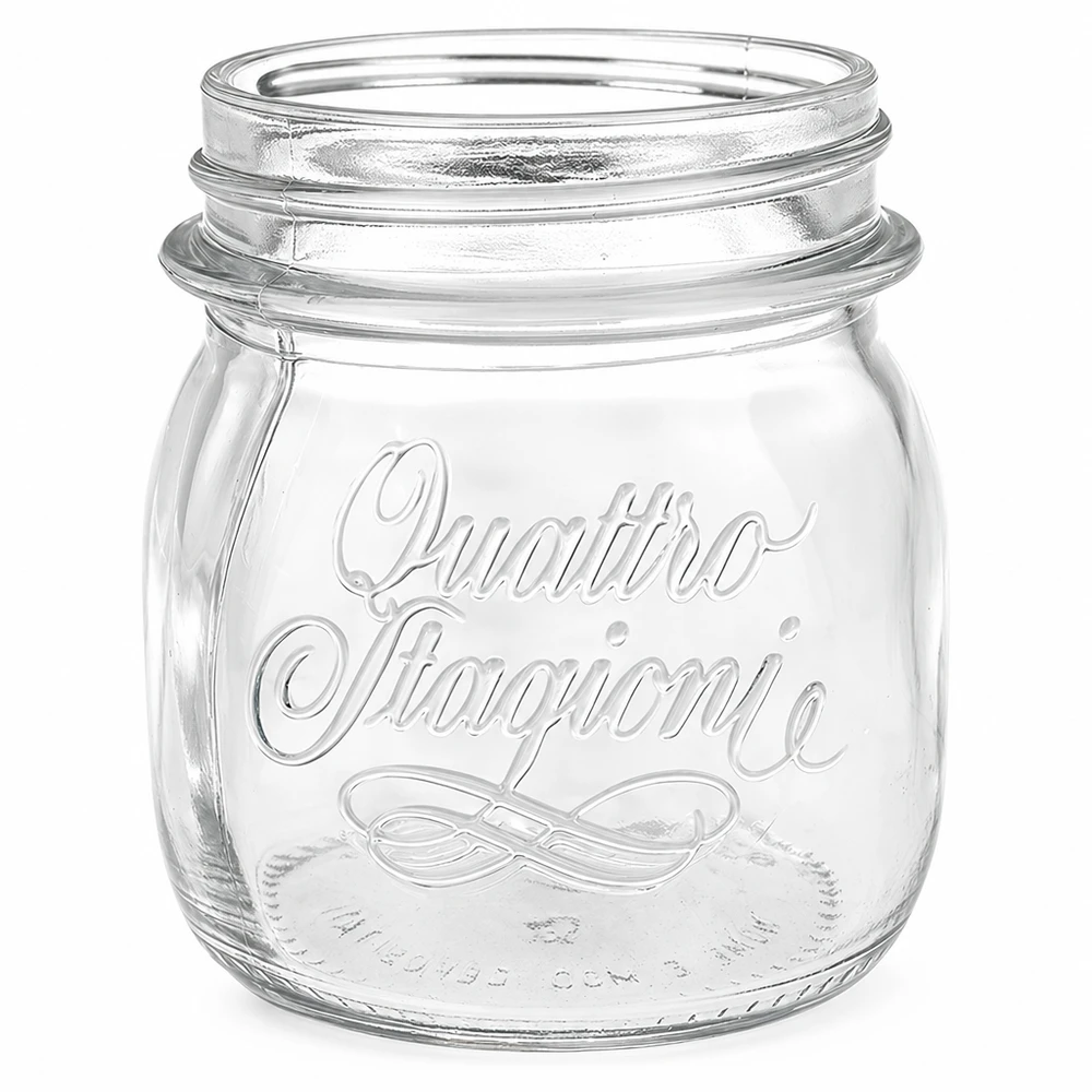 250 ml husholdningsglas "Quattro Stagioni" 250 ml Quattro Stagioni-konservesglas af klart glas med præget logo uden låg til konservering og opbevaring
