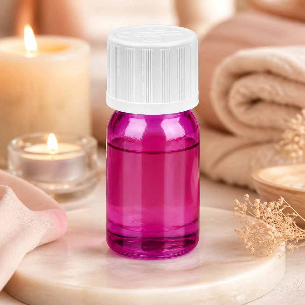 5 ml dråbeflaske 1,2 mm hvid standard børnesikret PurpleLine. UT18/5 Violet glasflaske 5 ml med præcis dråbehætte til aromaterapi og wellness