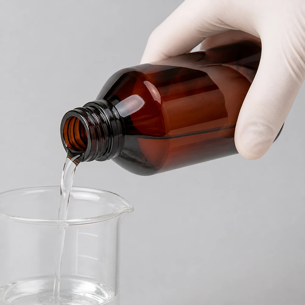 En klar væske hældes i et laboratoriebæger fra en brun 750 ml PET-flaske med skruelåg