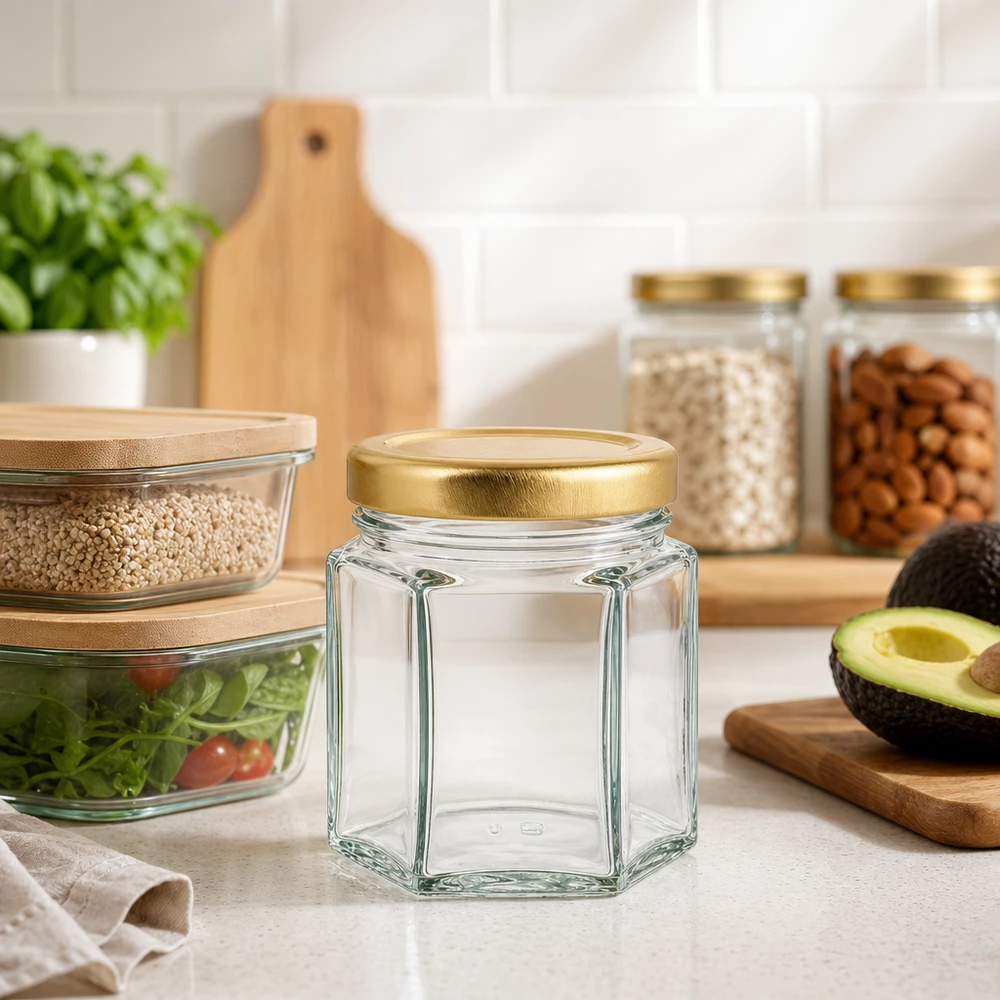 60 g honningglas med gyldent låg BasicSeal UNiTWIST 60 g honningkrukke sekskantet tom i moderne køkken med opbevaringsglas avocado og træplade som dekoration