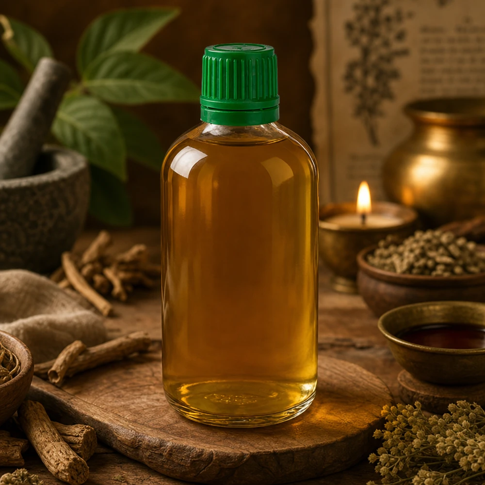 100 ml flaske 11 mm SV grøn OV ClearLine UT18/100 Brun urteolie i en 100 ml klar glasflaske ClearLine UT18 med grøn skruelåg – Ayurveda