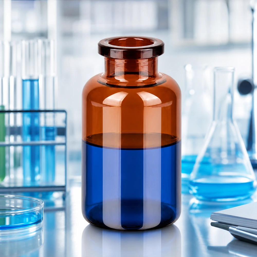 Injektionsflaske af ravfarvet glas 20 ml Kompakte Braunglas Injektionsflasche 20ml mit weitem Hals auf Labortisch