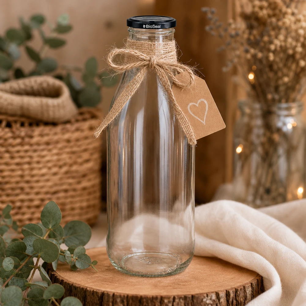1000 ml glasflaske + BioSeal-låg sort UNiTWIST. Absolut lækagesikker med stort TO48-låg. Til mælk, juice og limonade. 1000 ml glasflaske BioSeal-låg på træskive dekoreret med jutesløjfe hjertevedhæng rustik dekoration bæredygtig