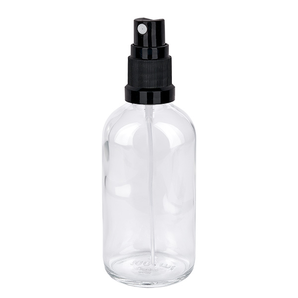 100 ml sprayflaske sort/tr. STD ClearLine UT18/100 100 ml gennemsigtig glasflaske med sort pumpesprøjte, ClearLine-serien