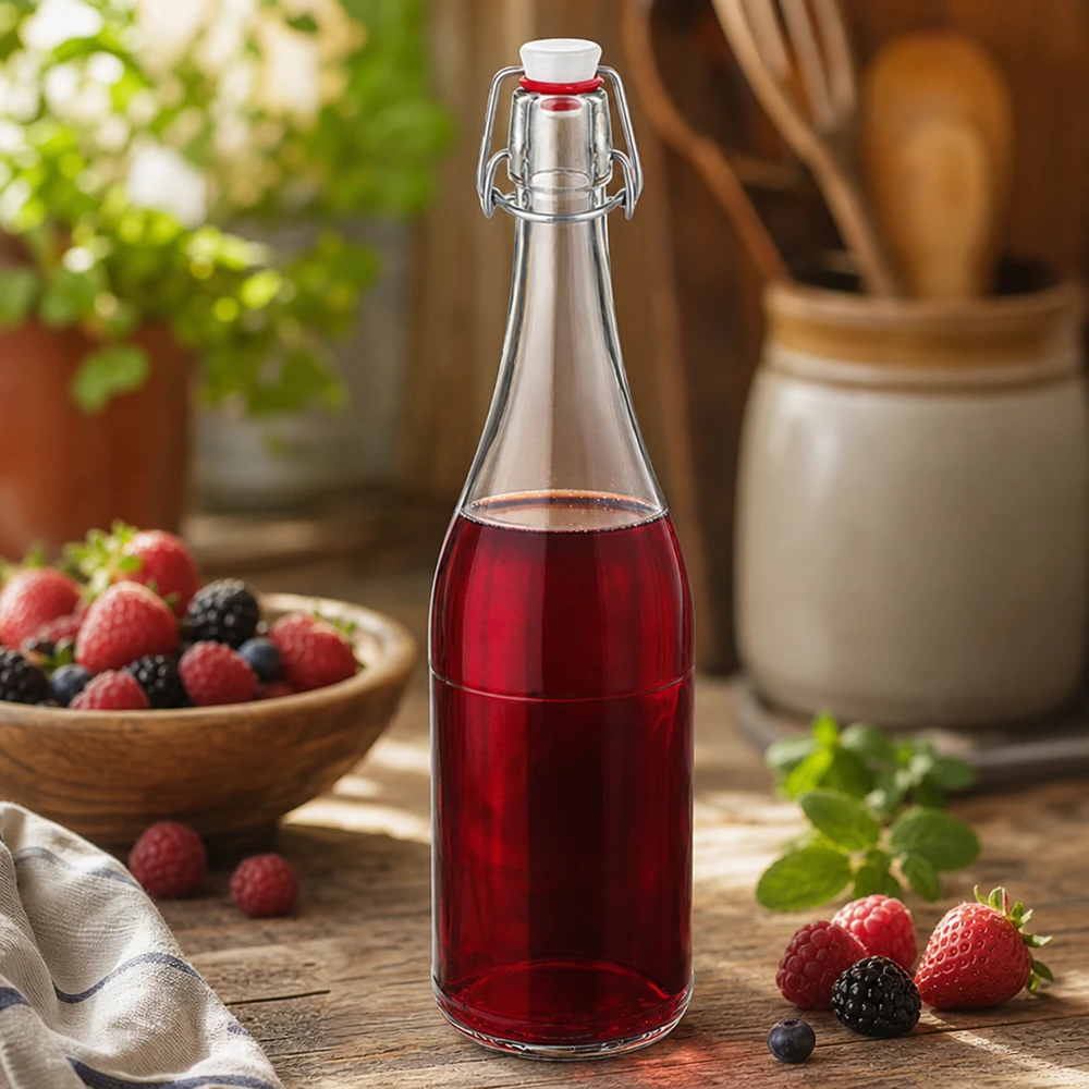 750 ml glasflaske og hængelåg i PVC UNiTWIST 750 ml glasflaske med svingtop fyldt med bærsaft køkken stilleben blandede bær frugtdrik rustik