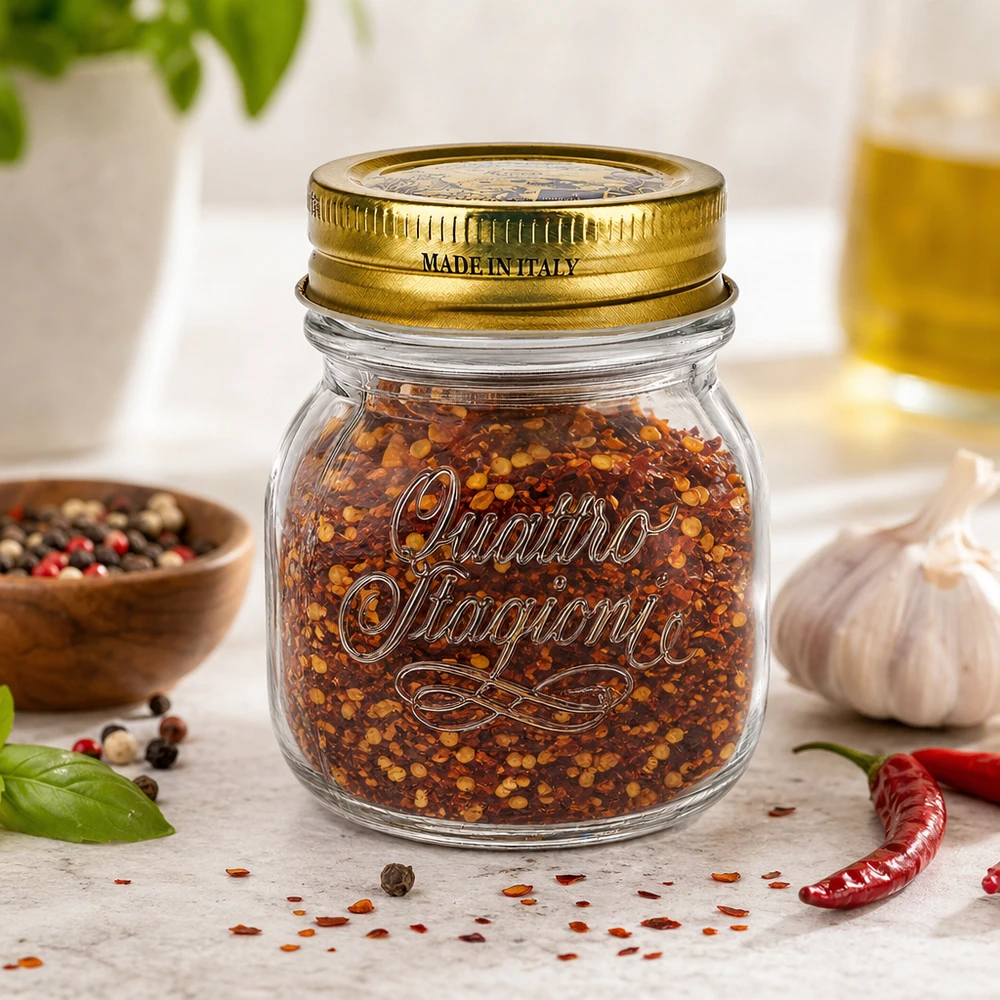150 ml rundt glas "Quattro Stagioni" med låg 150 ml Quattro Stagioni rund krukke med gyldent låg fyldt med chilikrydderiblanding Fremstillet i Italien