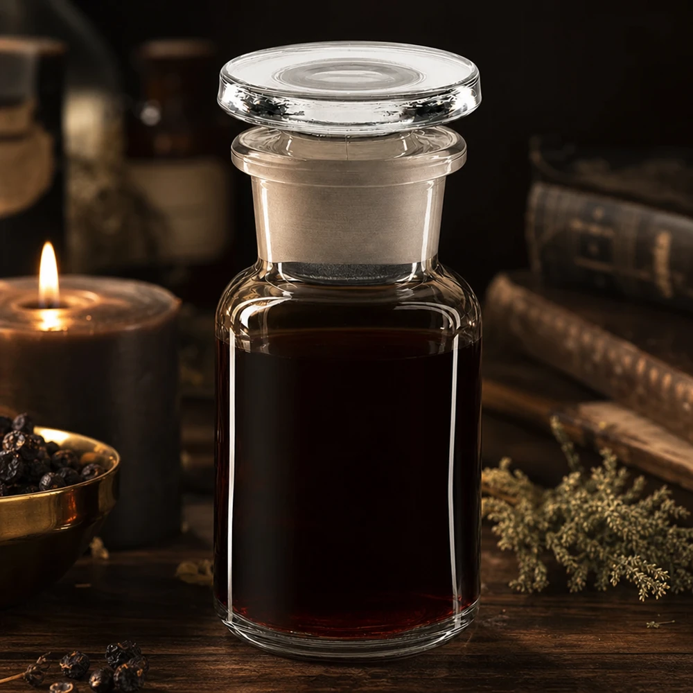Rund skulderflaske 50 ml klar glasprop med bred hals Vintage apotekerflaske, 50 ml, bredhalset, med mørkerødt indhold og glasprop i stearinlysets skær