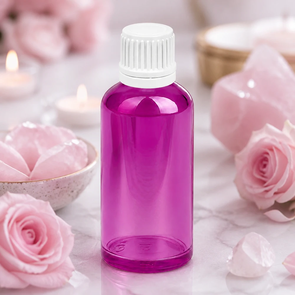 50 ml dråbeflaske 0,7 mm hvid Originality skruelåg PurpleLine UT18/50 50 ml dråbeflaske i violet med ergonomisk design for nem håndtering og dosering