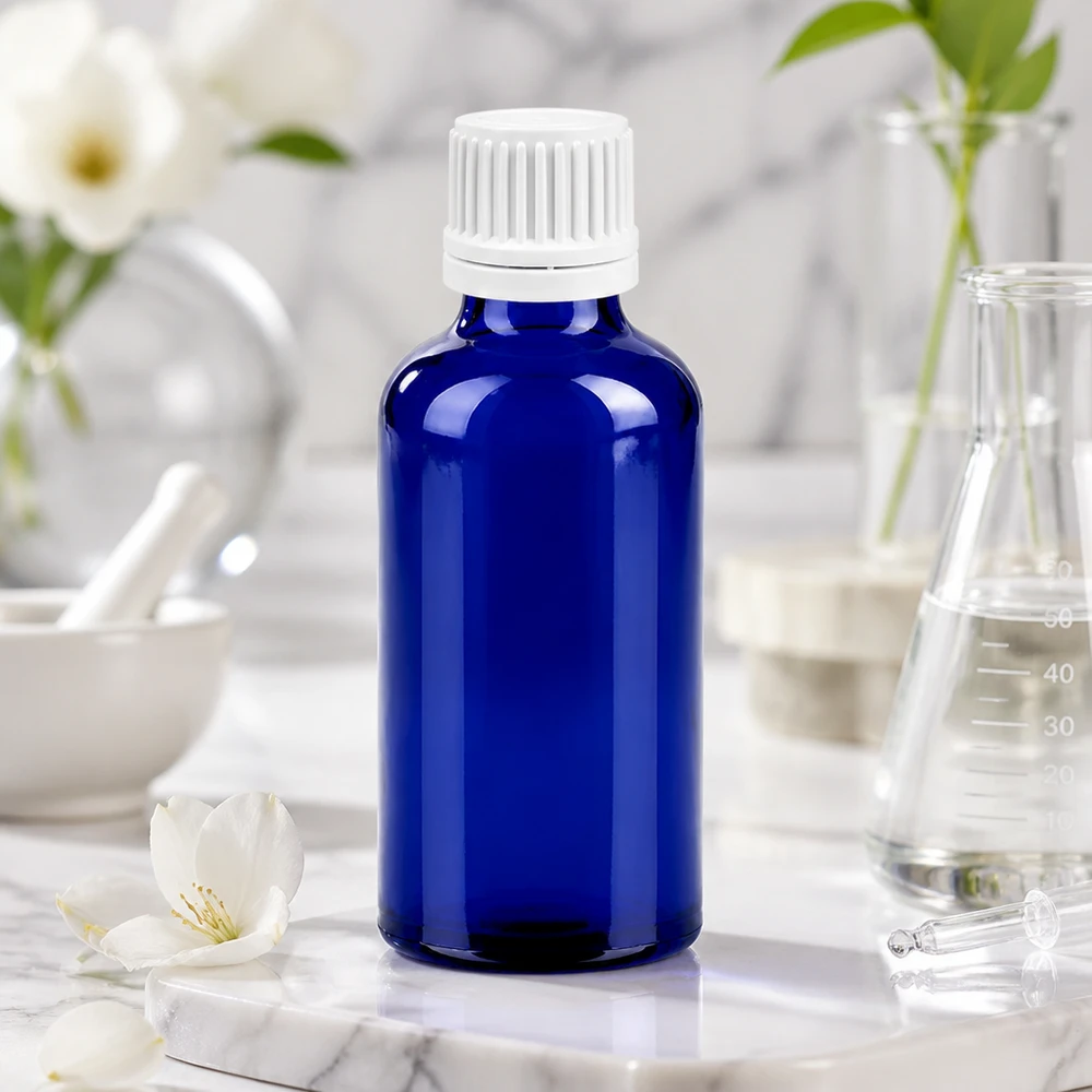 50 ml Dropperflaske 0,7 mm hvid OV BlueLine UT18/50 Blå 50 ml glasflaske med hvid 0,7 mm dråbehætte til æteriske olier og tinkturer