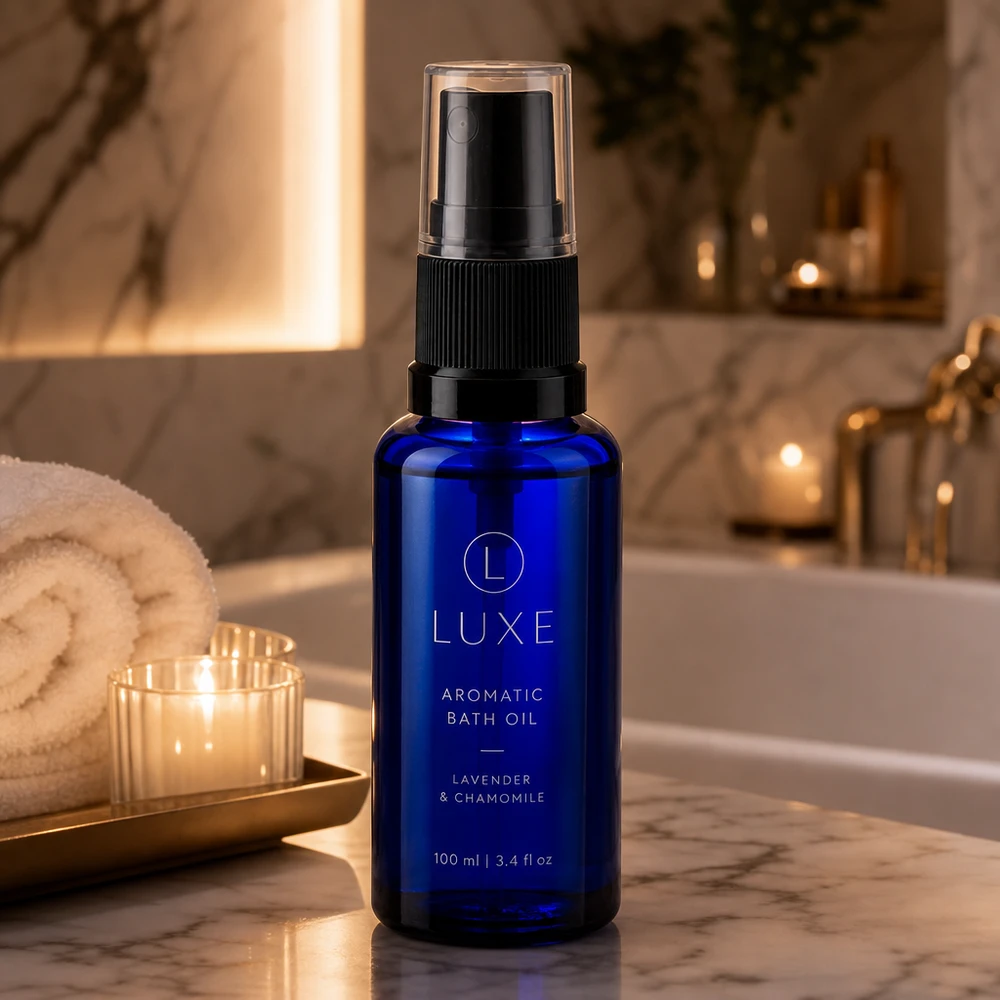Blå 30 ml apotekssprayflaske af glas med sort forstøver i et elegant, luksuriøst badeværelse