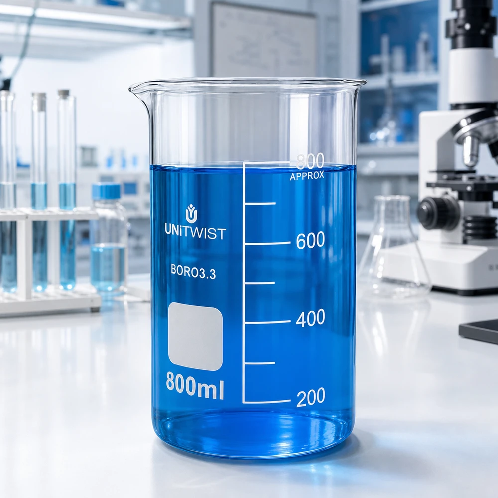 UNITWIST laboratoriebæger, 800 ml, høj model, borosilikatglas med blå væske på et hvidt laboratoriebord