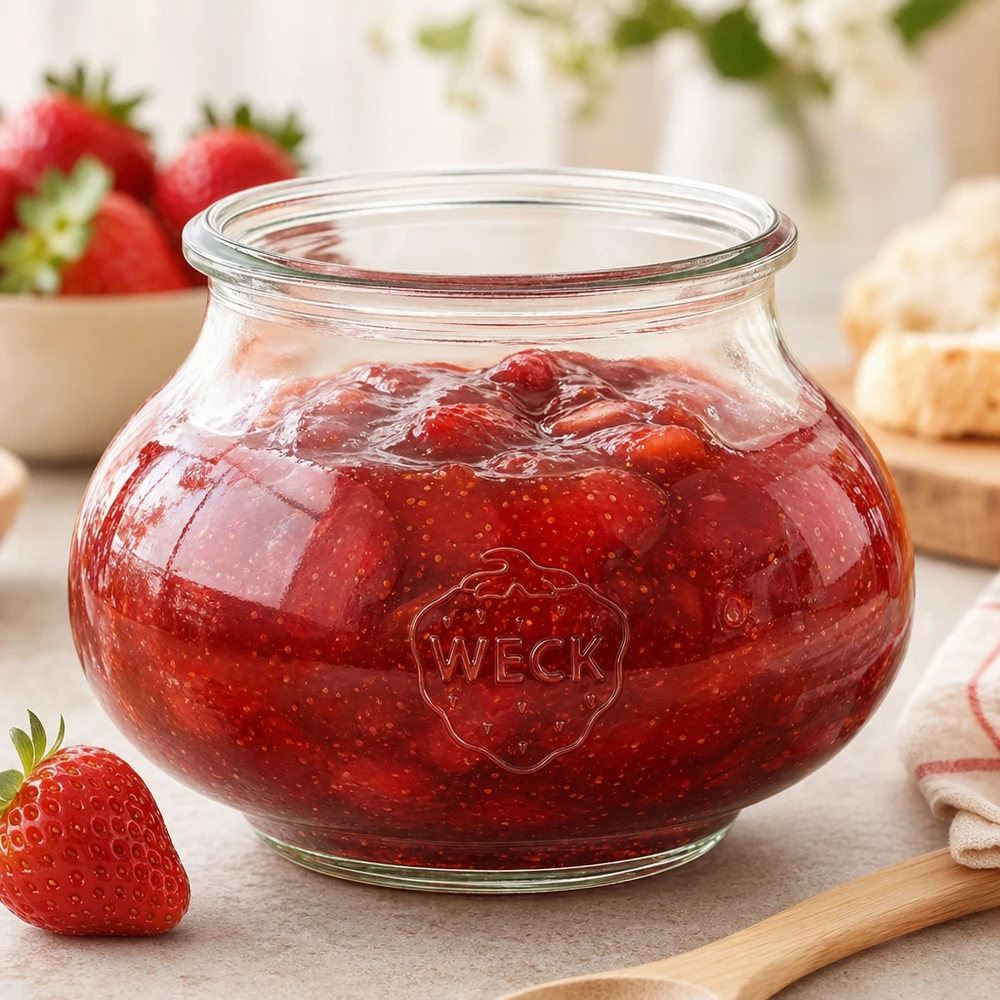 560 ml WECK RR80-glas med låg WECK dekorativ krukke RR80 560ml med hjemmelavet jordbærmarmelade og træske på køkkenbordet