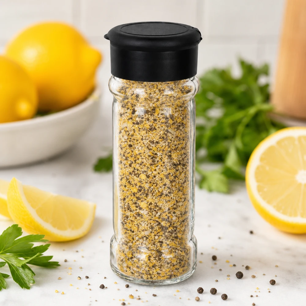 Krydderiglas med citronpeber, 100 ml, med sort strøer omgivet af friske citroner og persille