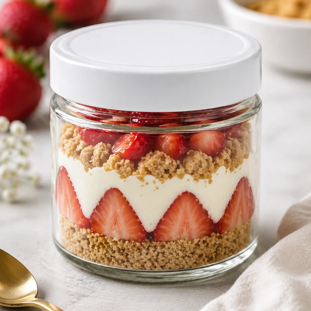 135 ml rund krukke + BasicSeal-låg hvid dyb UNiTWIST 135 ml rundt glas BasicSeal-låg hvidt dessertglas lagdelt dessert jordbær fløde crumble tiramisu dessert