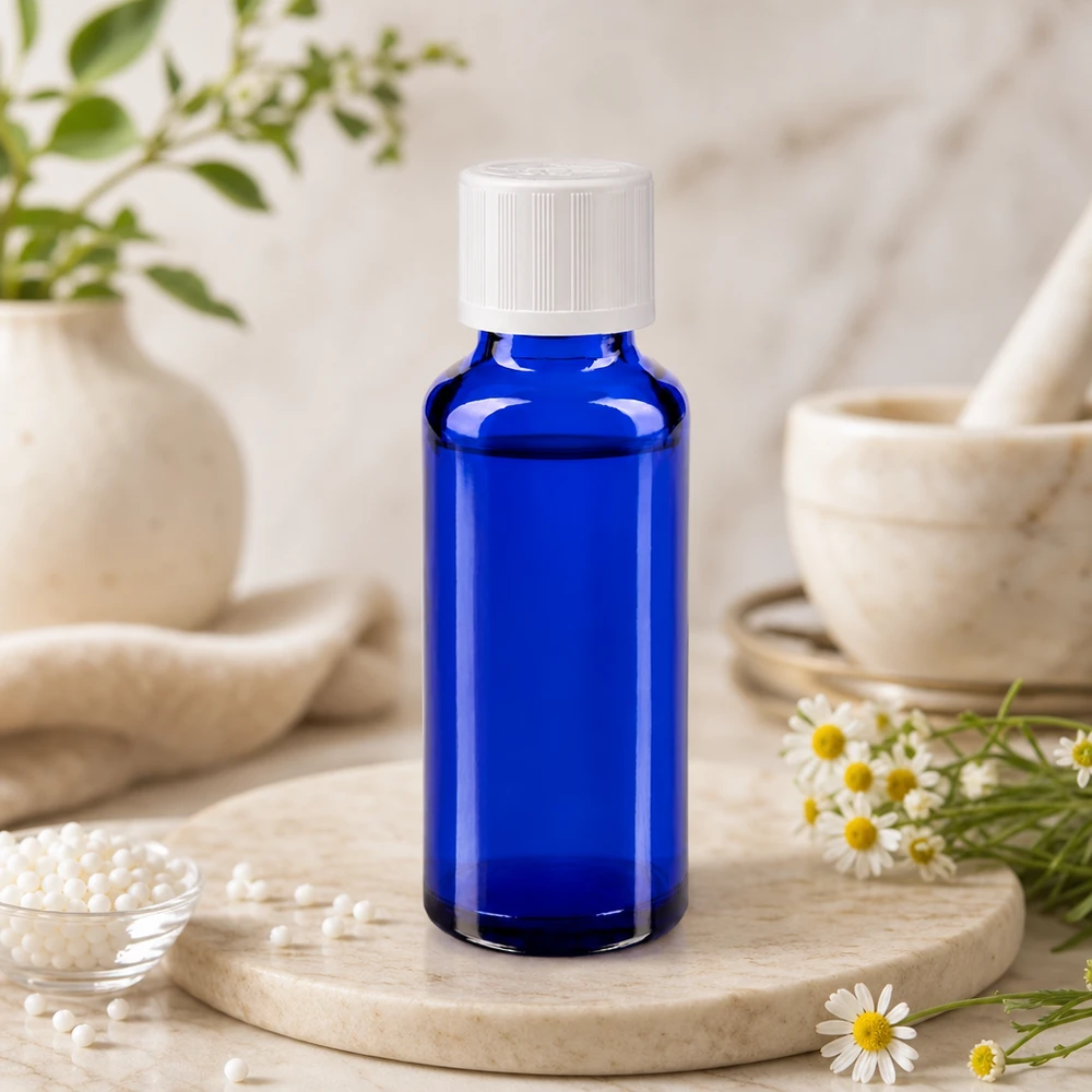 30 ml apotekerflaske af blåt glas med hvidt KiSi-låg mellem kamilleblomster og en morter