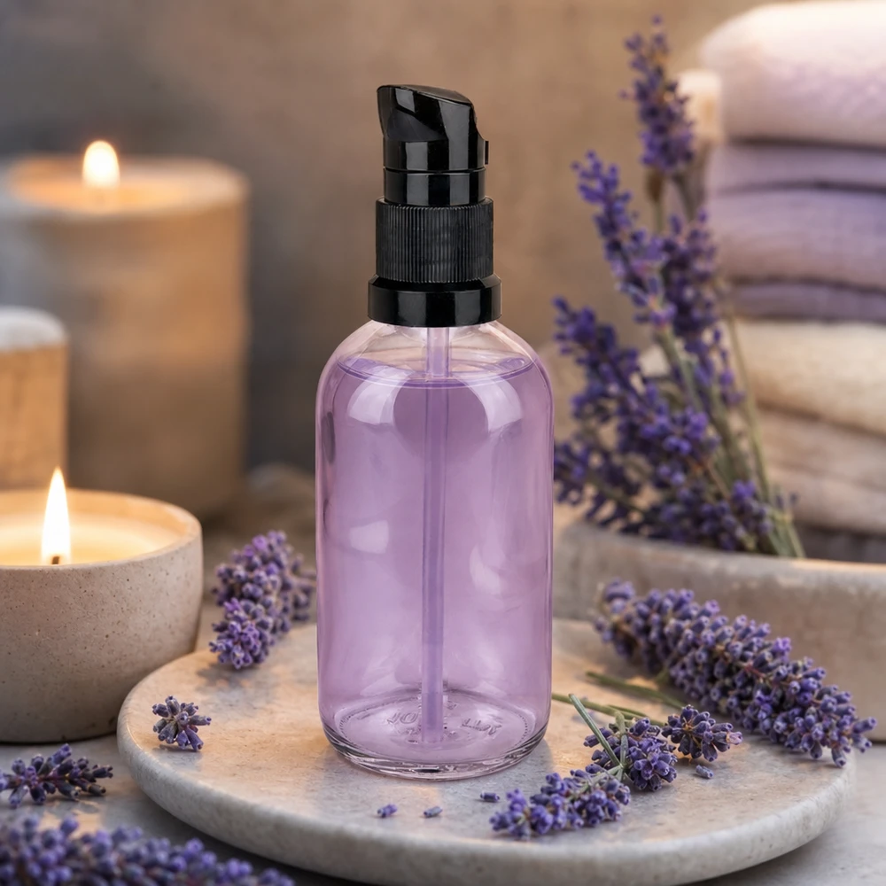 100 ml pumpeflaske sort STD ClearLine UT18/100 Lavendel-pumpeflaske 100 ml, lilla indhold, sort doseringspumpe, ClearLine UT18 kosmetikflaske