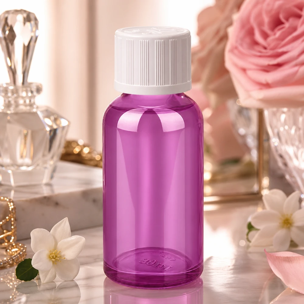 30 ml flaske 11 mm skruelåg hvid standard børnesikret PurpleLine UT18/30 Kompakt violet flaske på 30 ml med hvid børnesikringshætte til sikker opbevaring