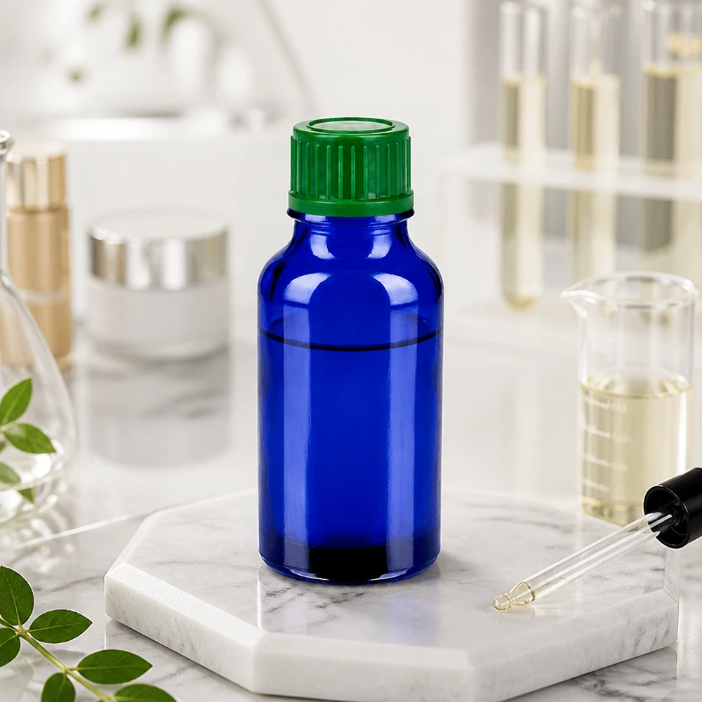 Kompakt 20 ml dråbeflaske af blåt glas med grøn hætte til kosmetik og laboratorium BlueLine UT18/20
