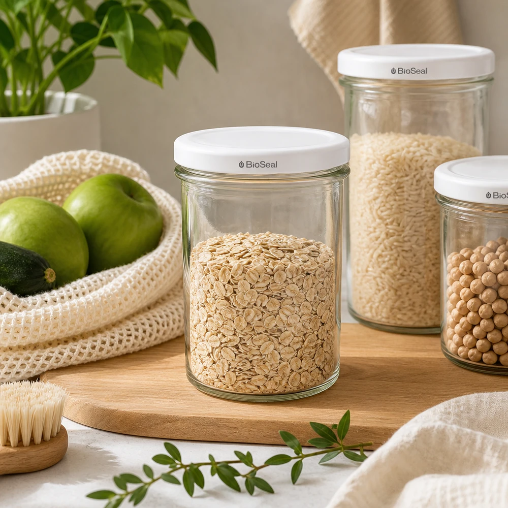 UNiTWIST Lintel350 med hvidt låg TO82 BioSeal UNiTWIST Sturz350 Vorratsgläser mit TO82 BioSeal in nachhaltiger Zero-Waste Küche für plastikfreie Aufbewahrung