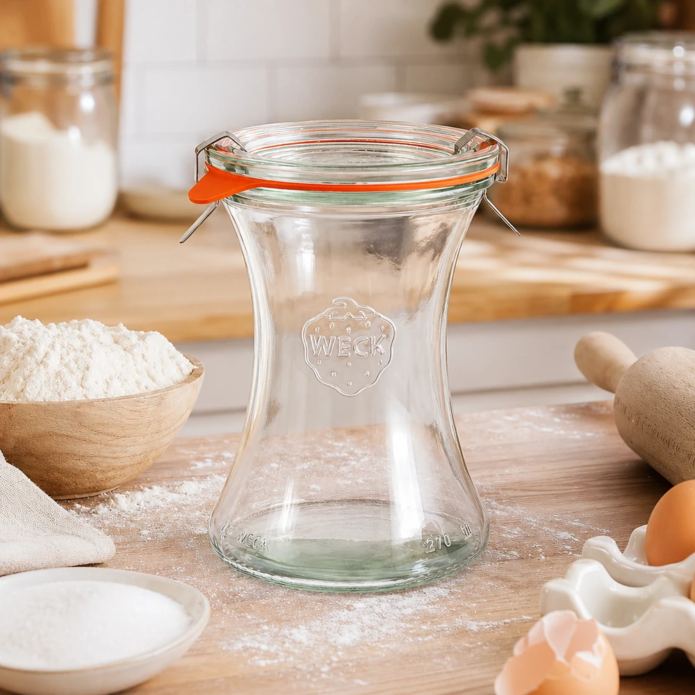 WECK delikatessekrukke 370ml RR80 tom i køkken med bageingredienser mel æg træredskaber køkkenatmosfære
