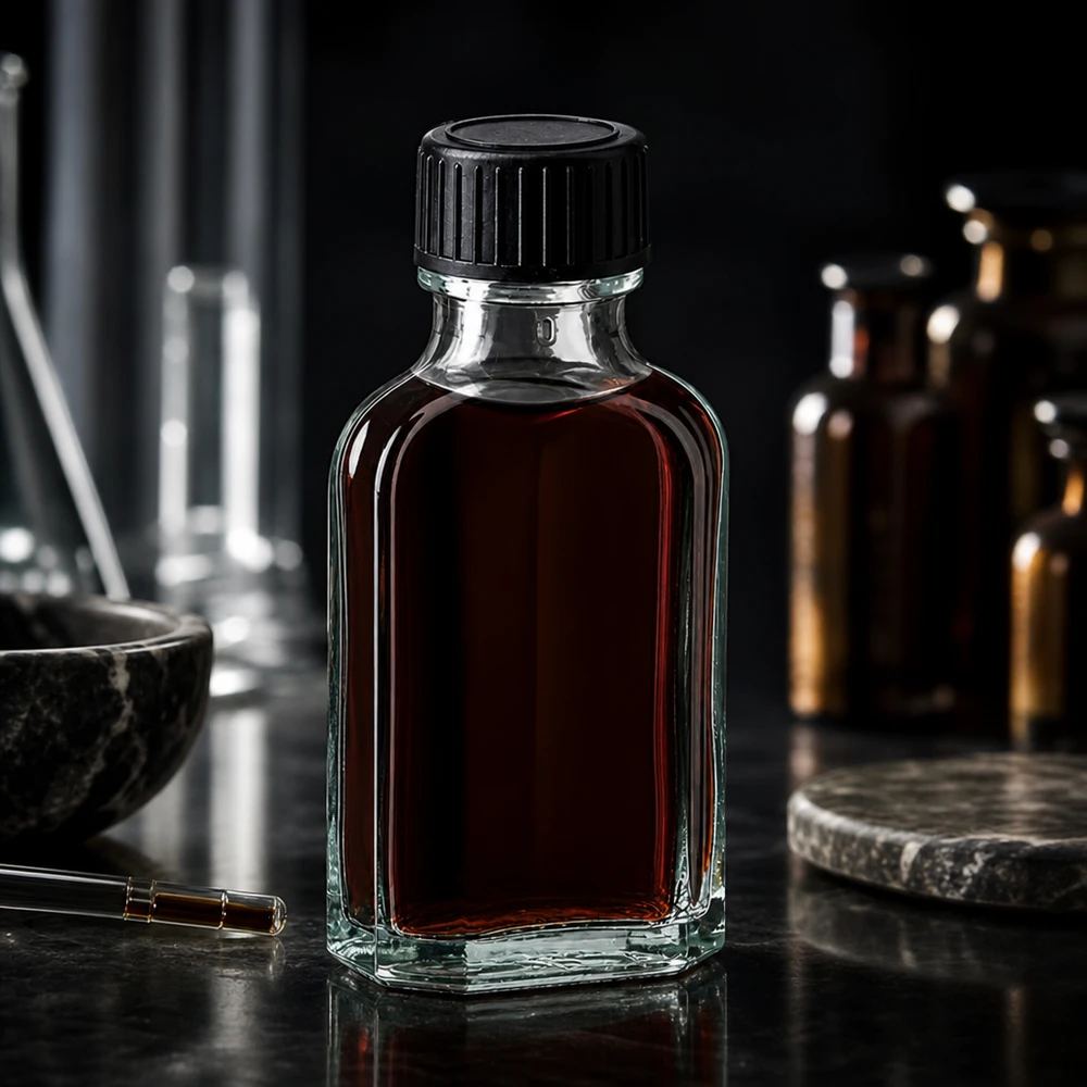 50 ml Meplat-glasflaske med mørkebrunt indhold og sort skruelåg i laboratoriet
