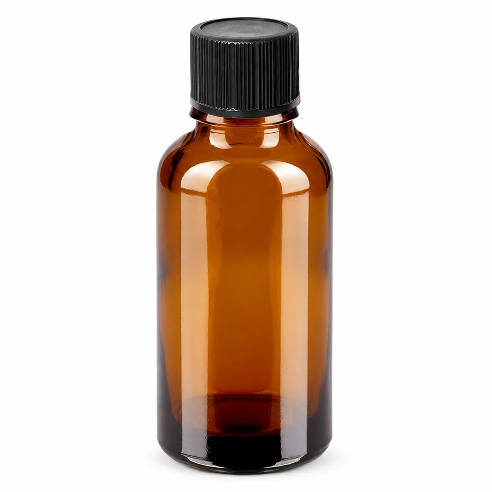 30 ml dråbeflaske 1 mm sort STD BrownLine UT18/30 30 ml ravfarvet glasflaske med sort dråbehætte til æteriske olier og tinkturer