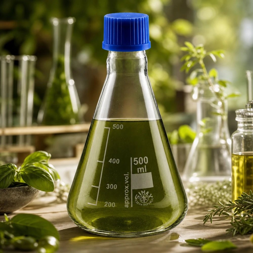Erlenmeyer-kolbe 500 ml med skruelåg Erlenmeyer-kolbe 500 ml med grøn væske og blå hætte til eksperimenter