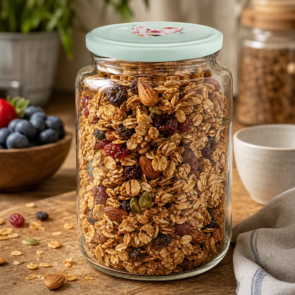 795 ml rund glas + BasicSeal låg hjerte mint UNiTWIST 795 ml rund krukke fyldt med müsli og nødder viser hjerteformet låg med mynte som en praktisk opbevaringskrukke til morgenmadsprodukter