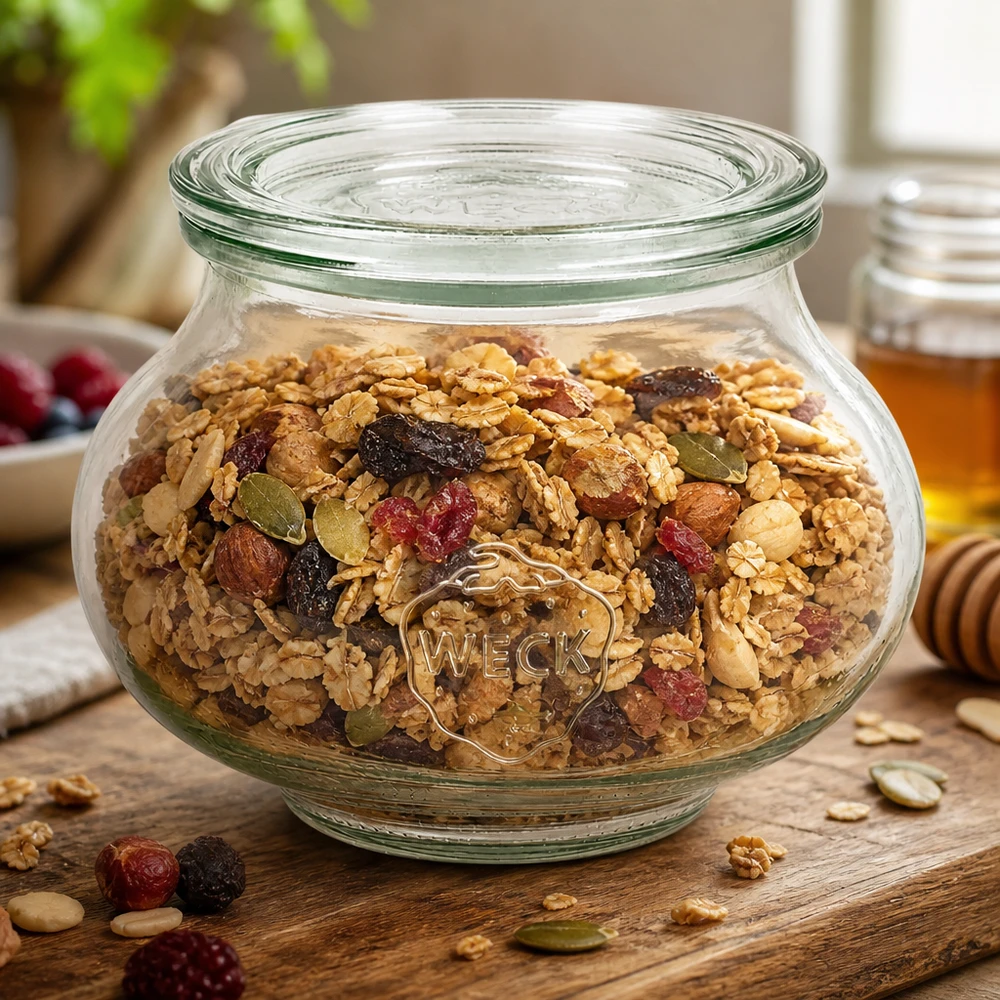560 ml dekorativt glas med glaslåg WECK RR80 WECK dekorativ krukke 560ml RR80 med hjemmelavet müsli nødder tørret frugt som opbevaringskrukke på et træbord