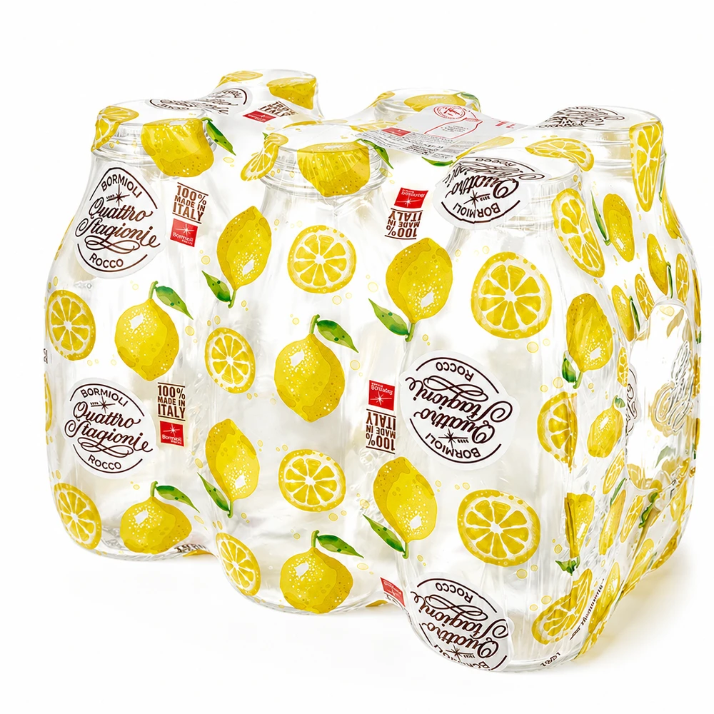1000 ml glasflaske "Quattro Stagioni" med låg Pakke med 6 Quattro Stagioni glasflasker 1000 ml indpakket i folie, Bormioli Rocco mælkeflasker med citronmotiv