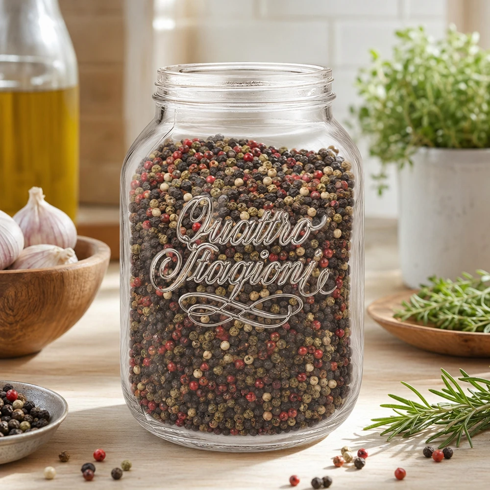 3000 ml husholdningsglas "Quattro Stagioni" 3000 ml husholdningskrukke Quattro Stagioni fyldt med farverige peberkorn i et moderne køkken med krydderurter og krydderier